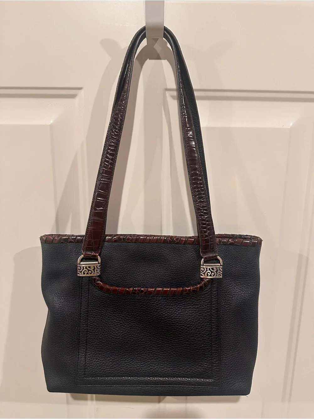 Brighton Black Leather Tote with Brown Croc-Trim